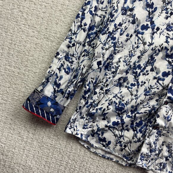 Au Noir Shirt Men Sz 4 Button Up Funky Watercolor Floral Nature AOP Blue Boho - Picture 2 of 13